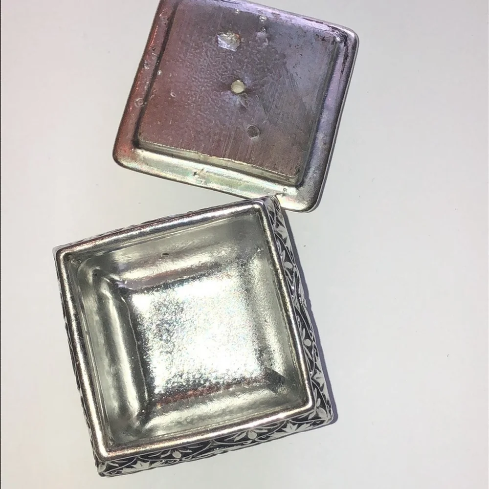 Vintage Silver Tone Painted Floral CZ Rhinestone Trinket Jewelry Box